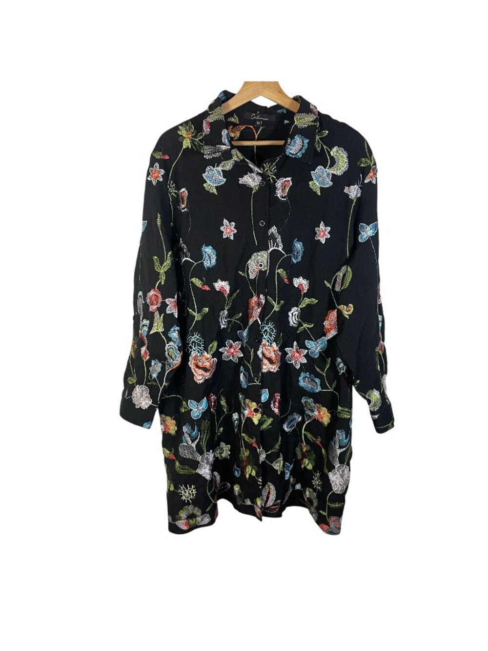 Calessa Embroidered Button Up Duster Women 3X Black Lightweight Artsy Floral